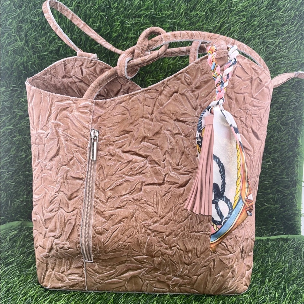 Embossed Leather Tote Bag with Scarf Accent Charm Made in Italy Borse in Pelle - Picture 8 of 16